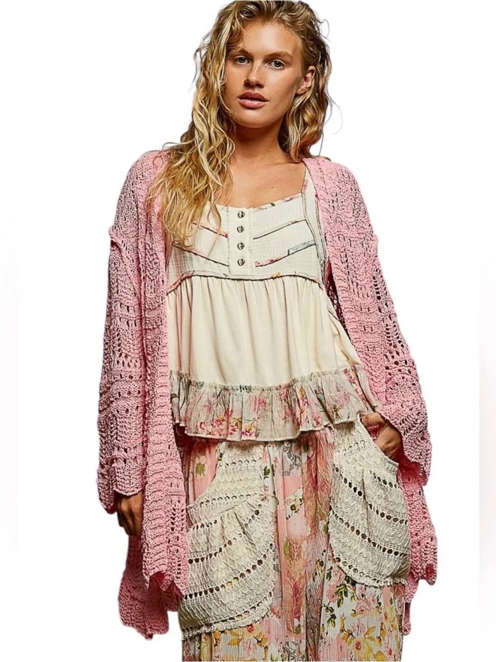 POL Crochet Long Bell Sleeve Cardigan🌷 Pink, Black, and Green